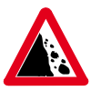 UK Road sign for beware fallen or falling rocks