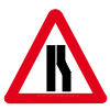 UK Road sign for beware road narrows on right